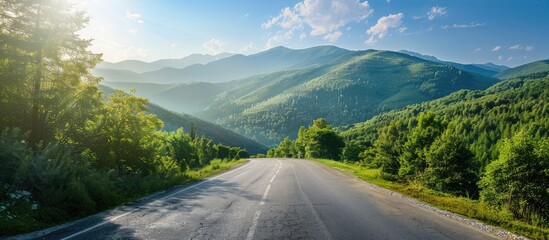Poster - Scenic mountain landscape with an asphalt road cutting through a lush green forest under a clear blue sky perfect as a copy space image