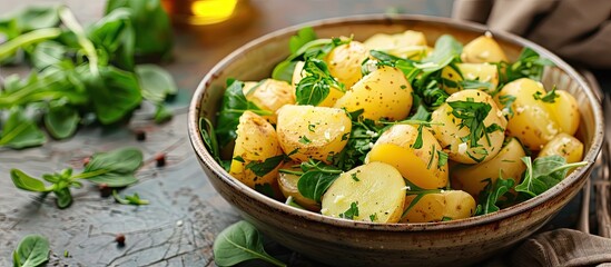 Poster - Close up image of a bowl on a table with boiled potatoes and greens with copy space image
