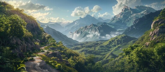 Canvas Print - Scenic landscape with a road crossing lush plateaus in mountainous terrain perfect for a copy space image