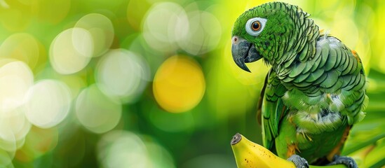 Poster - An image of a green parrot enjoying a banana with available copy space
