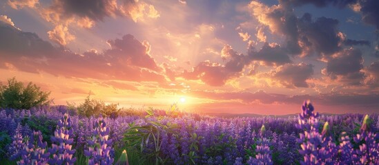 Poster - A serene summer dawn or dusk scene showcasing a meadow adorned with blooming purple wild lupines under a cloudy sky perfect for a copy space image