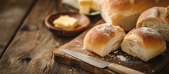 Aufkleber - Small white bread rolls and loaves displayed on a wooden surface with a knife and butter with clear copy space image