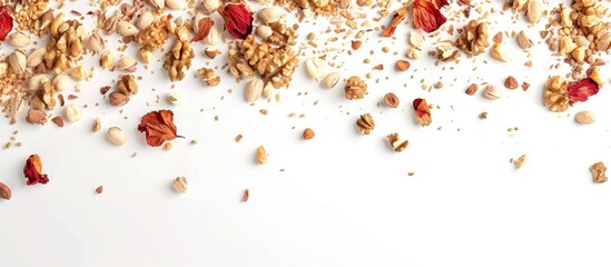 Poster - Turkish desserts showcasing a mix of walnuts hazelnuts and pistachio petals on a white background as a copy space image