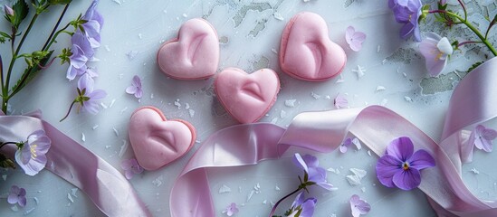 Aufkleber - A delicate feminine flat lay featuring pink heart shaped biscuits in packaging amid blooming violets satin ribbon and a copy space image for a Valentine s Day or wedding candy bar