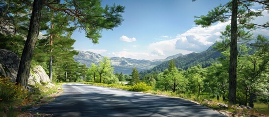 Poster - Scenic mountain landscape with an asphalt road cutting through a lush green forest under a clear blue sky perfect as a copy space image