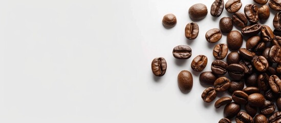 Poster - Coffee beans in brown color on a white backdrop with copy space image
