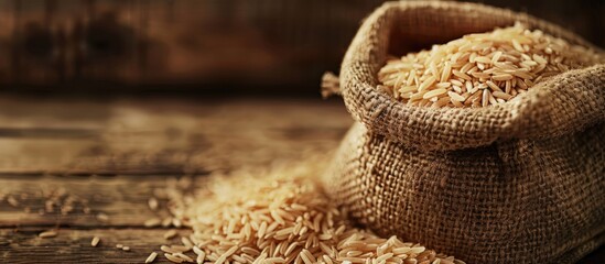 Poster - Healthy food background with a raw brown rice in a brown sack providing copy space image