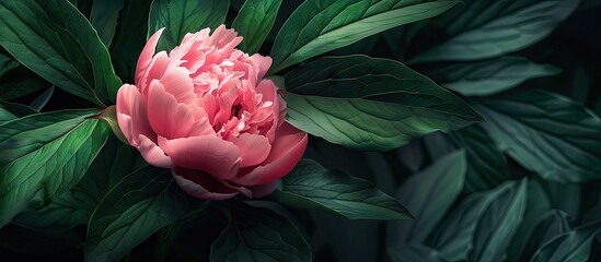 Aufkleber - A pink peony flower blooming with lush green leaves in a copy space image