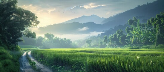 Poster - Scenic morning landscape with a road rice field and lush greenery perfect for a copy space image