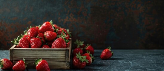 Wall Mural - Strawberries arranged in a wooden box on a dark backdrop below a blank copy space image