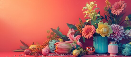 Aufkleber - Artistic arrangement of flowers and objects on a studio background with copy space image