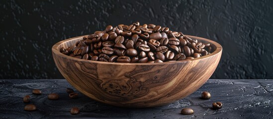 Poster - Wooden bowl with roasted coffee beans against a dark backdrop perfect for a copy space image