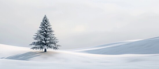Poster - A lone pine tree standing in a snowy landscape amidst a backdrop of white providing an ideal copy space image in the wintery scenery