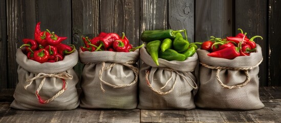 Poster - Colorful hot peppers red and green arranged in linen bags on a wooden table presenting a vibrant display suitable for a copy space image
