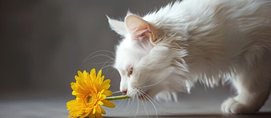 Poster - White fluffy cat smelling a bright yellow gerbera daisy against a neutral gray backdrop Great pic for animal lovers or pet owners Copy space image