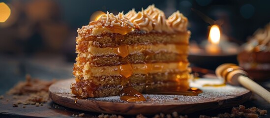 Poster - Selective focus on a homemade honey cake slice with a layered appearance on a copy space image