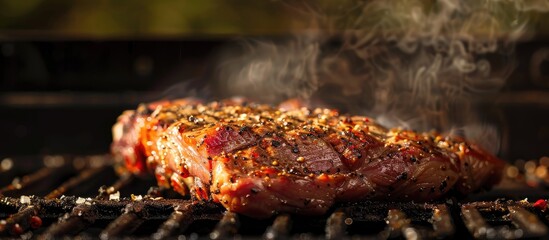 Poster - Fresh raw pork meat marinated and ready for grilling on barbecue Ideal for a summer outdoor cooking session with a copy space image