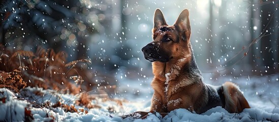 Aufkleber - A German Shepherd dog is pictured in a snowy forest creating a tranquil and peaceful copy space image