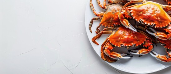 Aufkleber - Blue crabs displayed on a clean white plate with copy space image