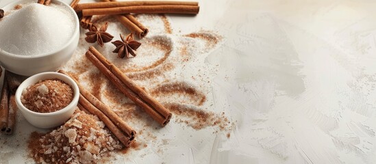 Poster - White background highlighting cinnamon sugar and sticks with copy space image