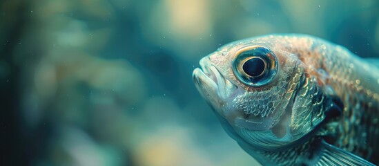 A close up photograph showing a fish s eye set against a blurred underwater background with empty space for text or other visual elements often used in advertising or design. . image with copy space