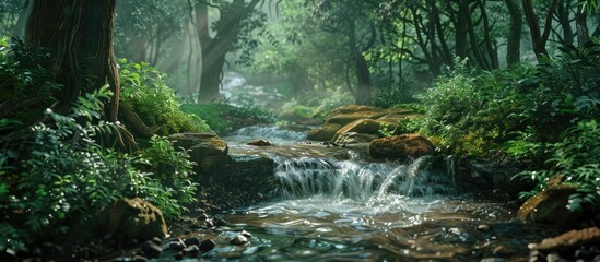 Poster - Nature rill flows serenely through the forest providing a peaceful and picturesque scene with copy space image