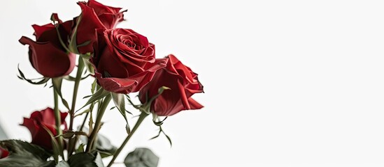 Poster - Close up shot of a bouquet of red roses on a white backdrop with copy space image available