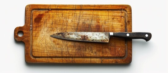 Poster - Knife resting on a cutting board with a white background perfect for adding your own content in the copy space image
