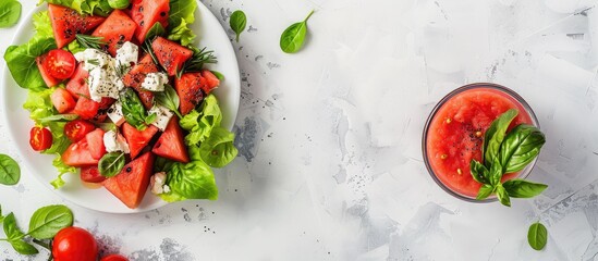Poster - Summer salad featuring watermelon lettuce goat cheese and spices paired with a watermelon smoothie Refreshing dietary fruit dishes in a sunny setting on a white tabletop with copy space image