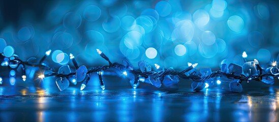 Poster - Close up of a blue Christmas garland with a beautifully glowing appearance and copy space image