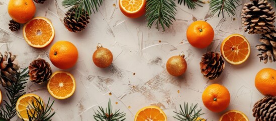 Poster - Top down view of a New Year card featuring balls and oranges with copy space image