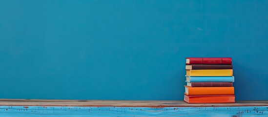 Aufkleber - A stack of books is arranged neatly on a wooden table in front of a blue wall creating a serene backdrop for the copy space image illustrating the education concept of going back to school