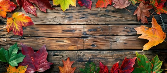 Poster - Colorful autumn leaves beautifully frame a rustic wood background with copy space image