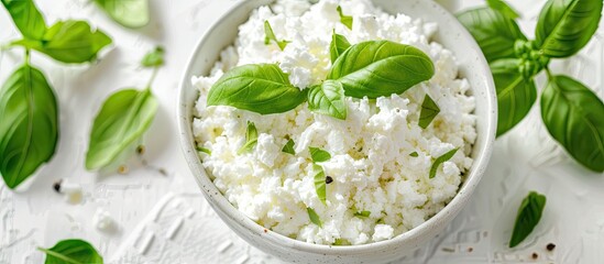 Poster - Fresh cottage cheese with fragrant basil in a bowl on a white table with room for a caption in the image. copy space available