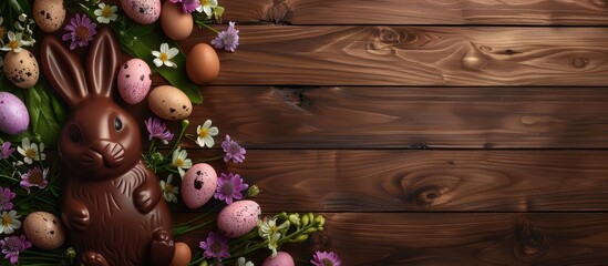 Wall Mural - Top view of a lovely Easter arrangement featuring a chocolate bunny eggs and flowers on a wooden backdrop with empty space for text or images. copy space available