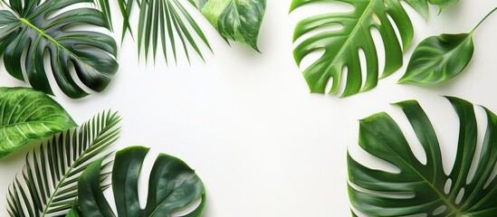 Poster - Leaves of exotic palm trees and Monstera plant on white backdrop with copy space image