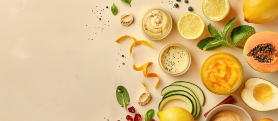 Poster - Flat lay composition with organic baby food and fresh ingredients on a neutral beige backdrop Ample copy space image available