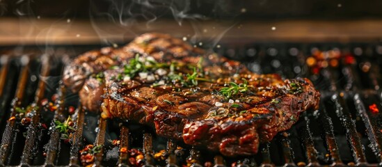 Poster - A succulent beef steak sizzling on a BBQ grill with a rustic background and ample copy space image making it an appetizing and wholesome meal option