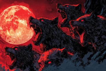  Five ferocious werewolves howl at a glowing full moon under a blood-red sky, capturing the essence of nighttime in a haunting scene.