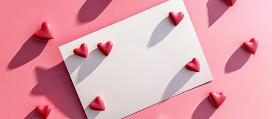 Canvas Print - A blank sheet of paper on a pink surface with Valentine hearts casting shadows a perfect template for your greeting card design Top view with a mock up and copy space image available