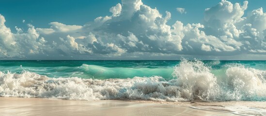 Poster - Stunning beach scene with white sand and powerful waves perfect for a copy space image