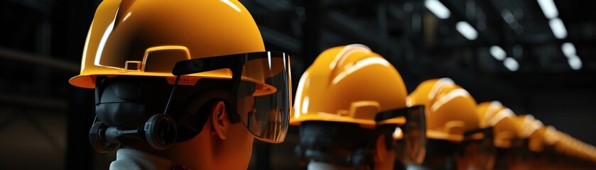 A row of workers wearing yellow hard hats in a factory setting, emphasizing safety and teamwork in industrial environments.