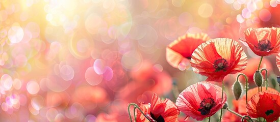 Poster - Vibrant scarlet poppies blooming in a field set against a blurred floral background with copy space image for text