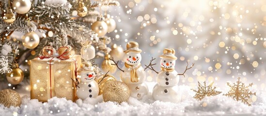 Poster - Festive Christmas setting featuring a golden tree cheerful snowmen and presents on a joyful background with copy space image