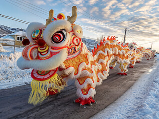 Wall Mural - A group of people dressed in Chinese dragon costumes are walking down a snowy road. The scene is lively and festive, with the dragon costumes adding a sense of excitement