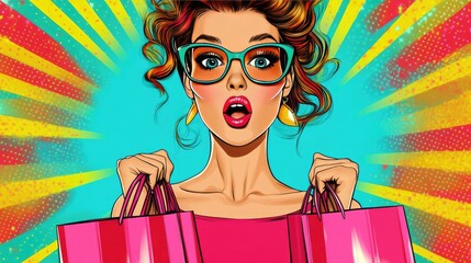 Pop art style image of a surprised sexy young woman in glasses, holding shopping bags, with vibrant colors and a retro magazine cover vibe.