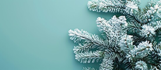Fototapete - Top view of a snow covered spruce tree on a Christmas themed background with ample copy space image