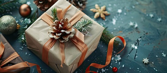 Poster - Top down view of a wrapped holiday gift in craft paper with a colored ribbon placed on a table with decorative elements around it providing copy space in the image