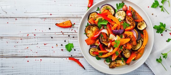 Poster - Top view of a healthy vegetable salad on a white plate with fried aubergines peppers and carrots set against a white wooden background offering ample copy space image