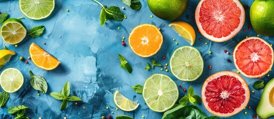 Poster - Green fresh fruits and vegetables arranged in a composition on a blue backdrop with copy space image